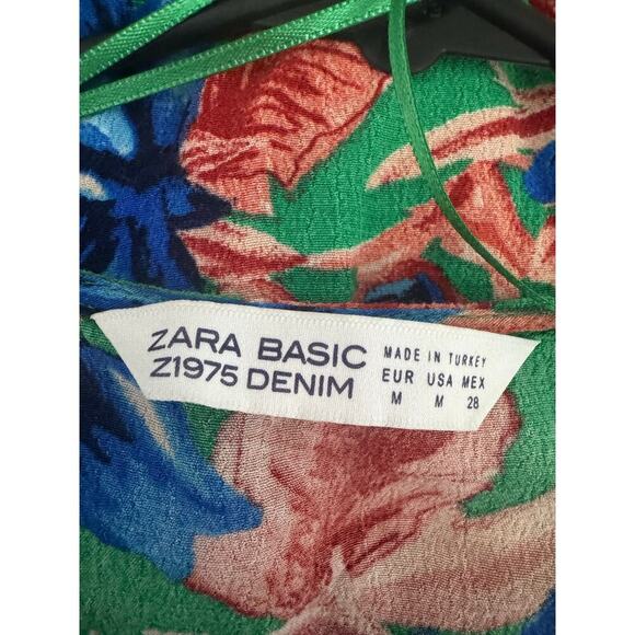 ZARA BASIC Z1975 Green Floral Wrap Dress M | Puff Sleeve Belted Mini Boho Style - Picture 2 of 7